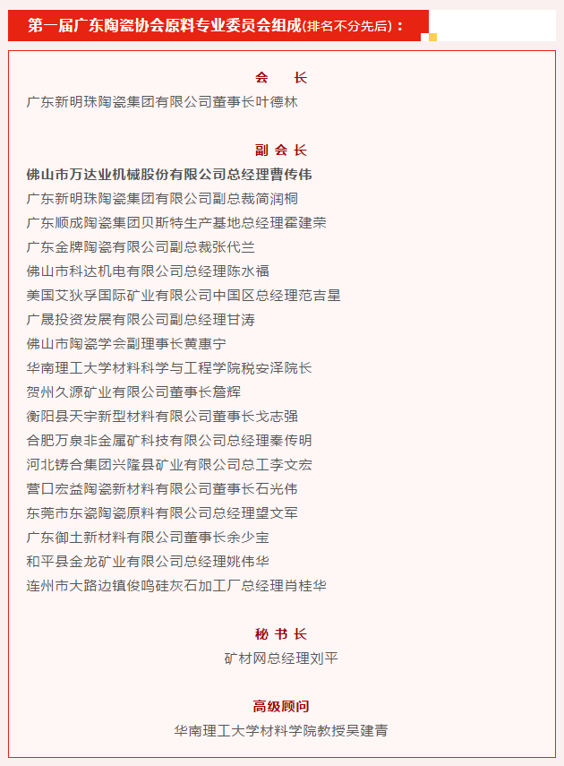 廣東陶瓷協(xié)會(huì)陶瓷原料專(zhuān)委會(huì)成立，萬(wàn)達(dá)業(yè)任副會(huì)長(zhǎng)單位